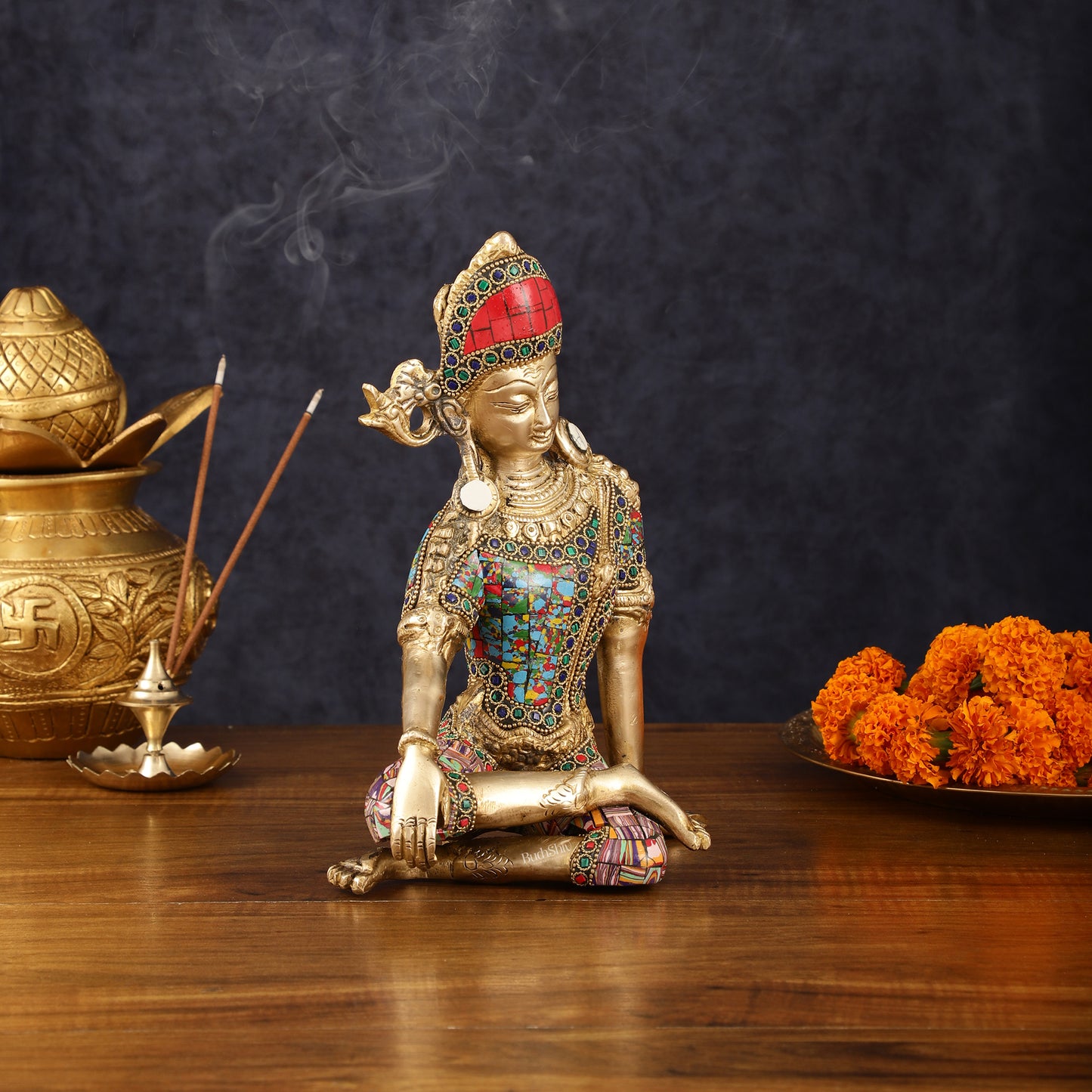 Brass Indra Dev Murti with Stonework - 9.5"