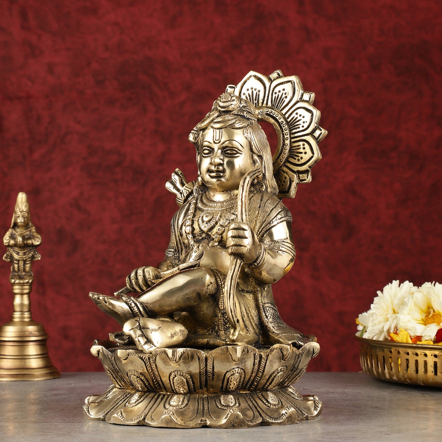 Pure Brass Ram Lalla Seated on Lotus Idol - 9" shine gold