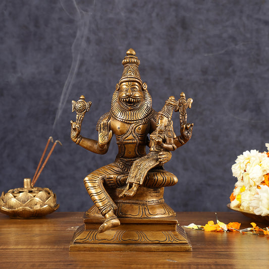 Antique Pure Brass Lord Narasimha with Goddess Lakshmi Statue | Height: 9 inch