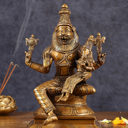 Antique Pure Brass Lord Narasimha with Goddess Lakshmi Statue | Height: 9 inch