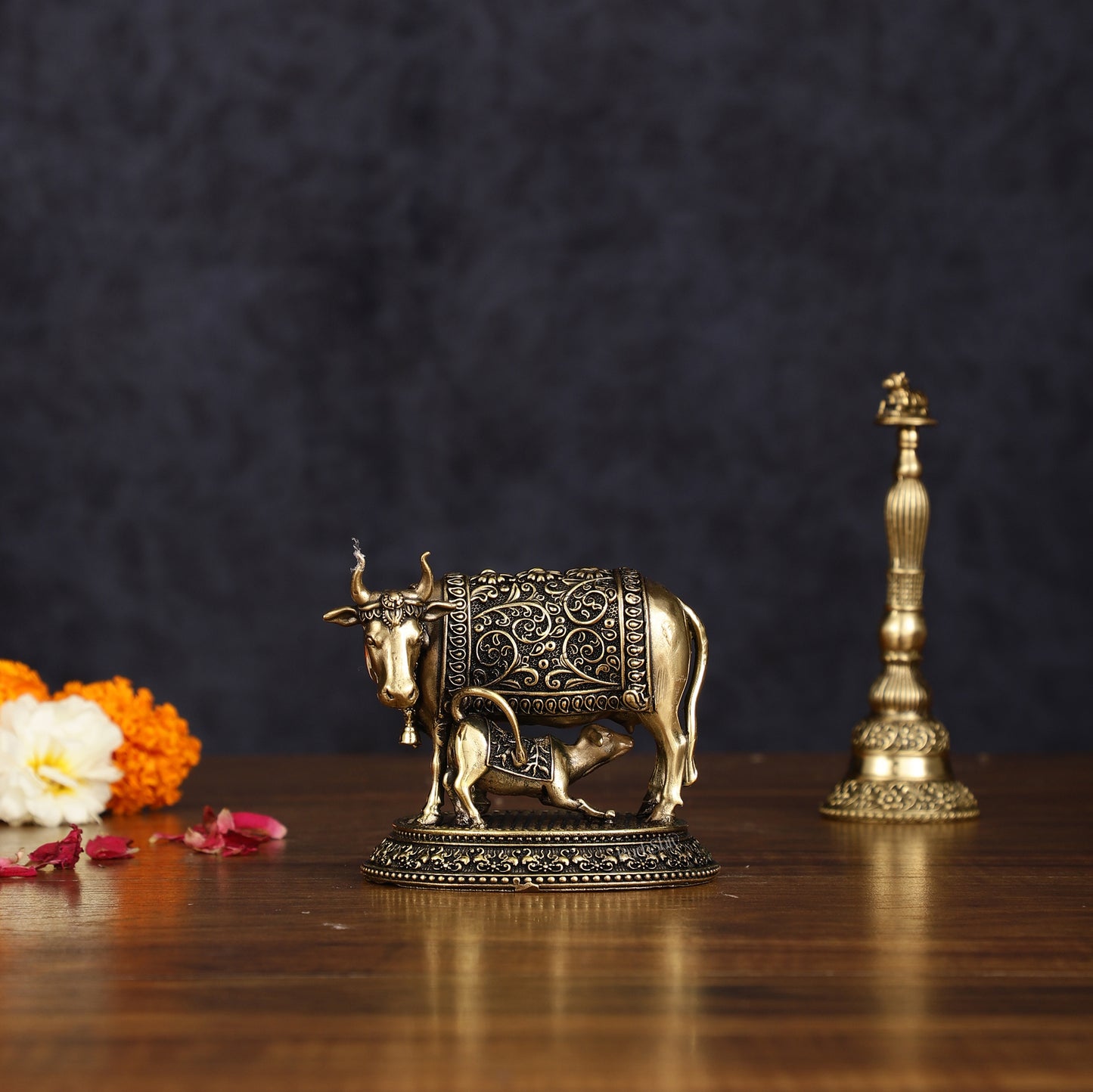 Intricate Brass antique Small Kamdhenu Cow with Calf Idol - 3-inch