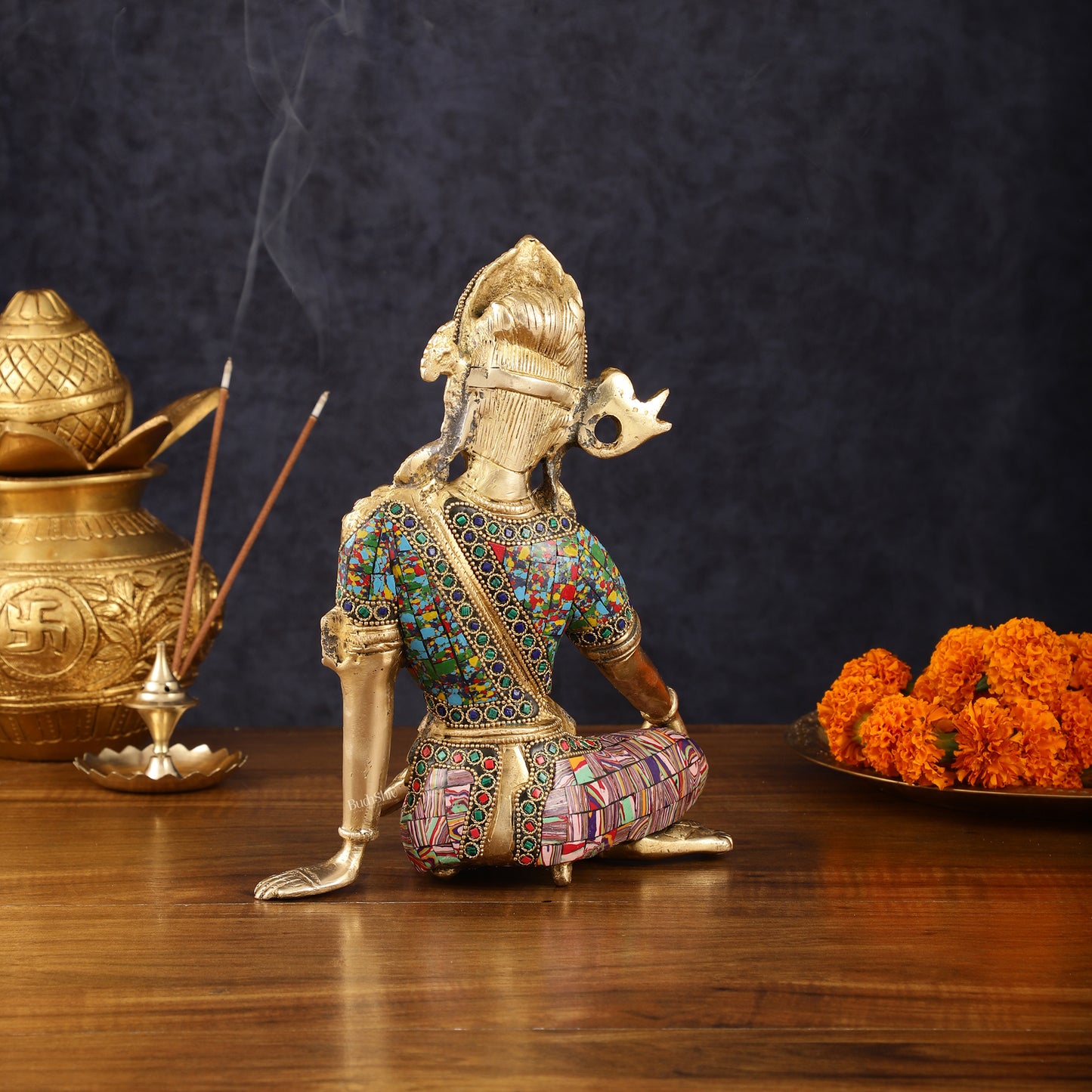 Brass Indra Dev Murti with Stonework - 9.5"