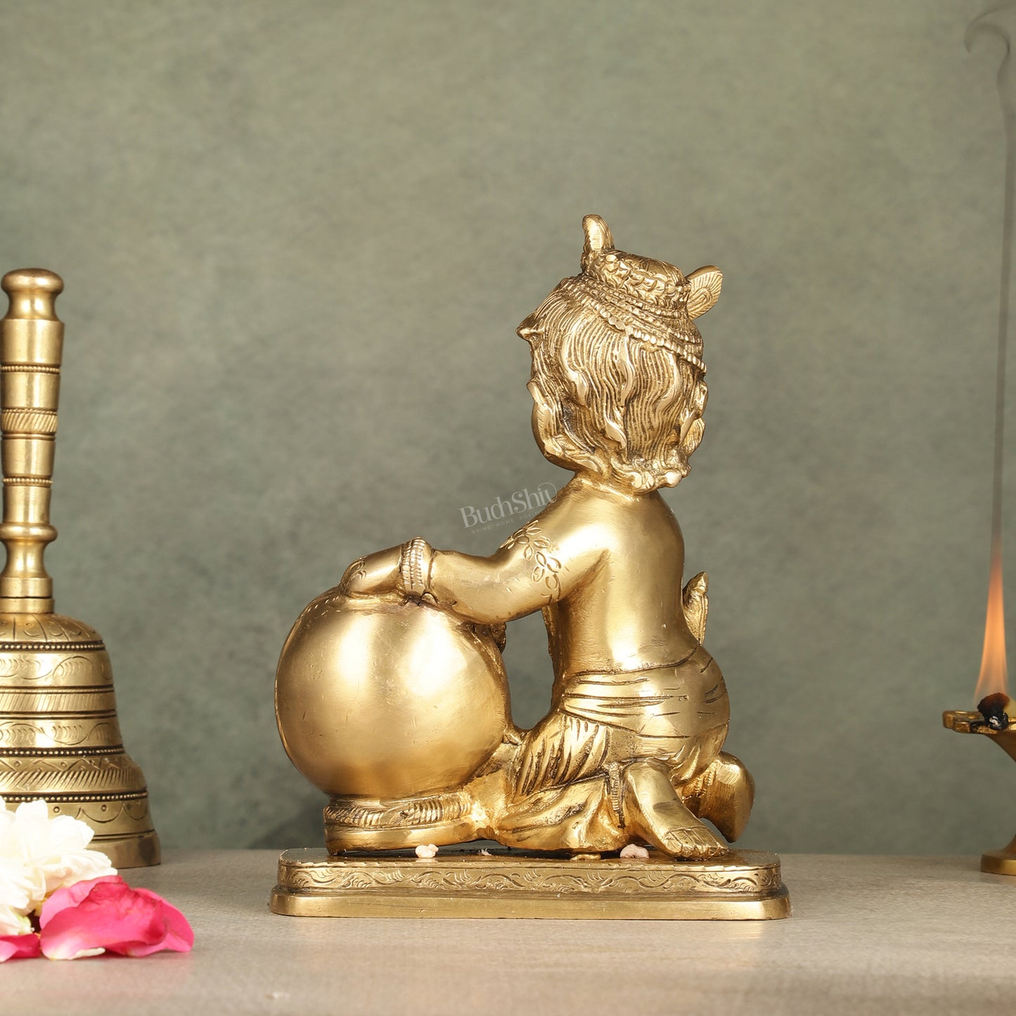 Brass Bal Gopal Makhan Chor - 7 inches | Divine Lord Krishna Idol