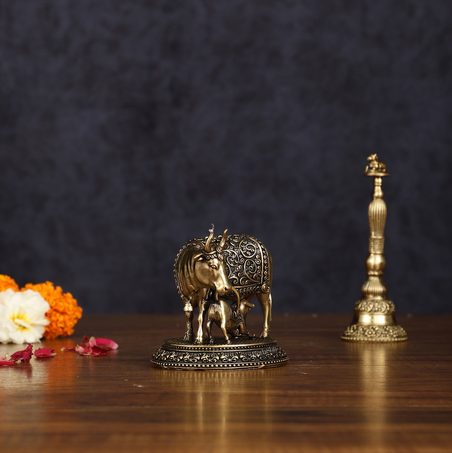 Intricate Brass antique Small Kamdhenu Cow with Calf Idol - 3-inch