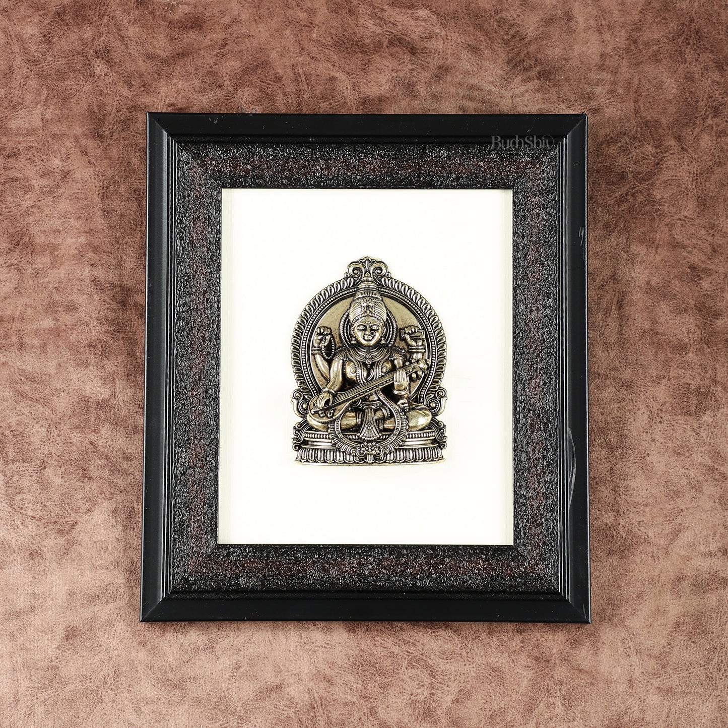 Pure Brass Superfine Goddess Saraswati Hanging on Wooden Frame - 9.5 Inch