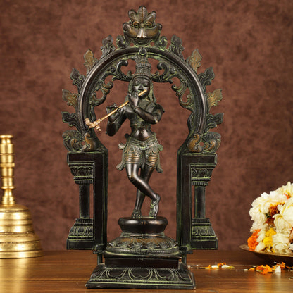 Pure Brass Lord Krishna with Celestial Aura Prabhavali Idol 12.5"