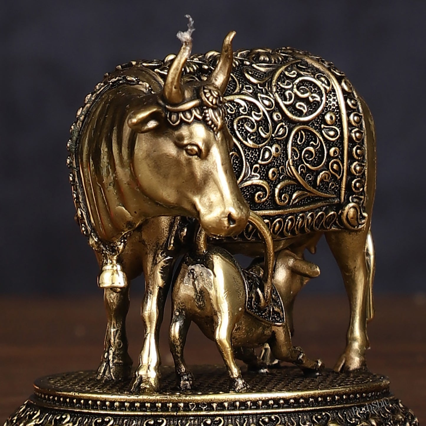 Intricate Brass antique Small Kamdhenu Cow with Calf Idol - 3-inch