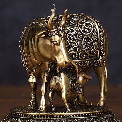 Intricate Brass antique Small Kamdhenu Cow with Calf Idol - 3-inch