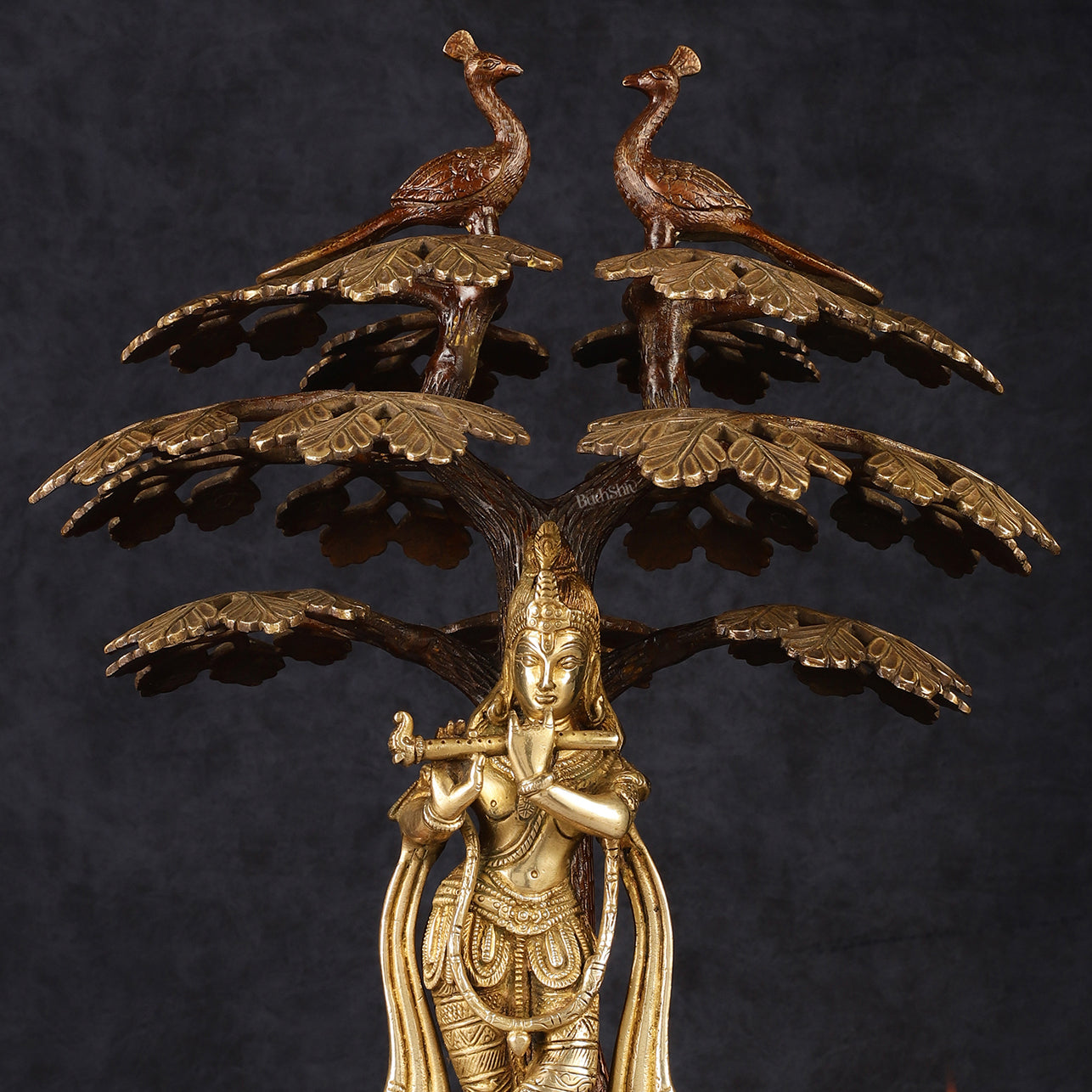 Pure Brass Lord Krishna Under Kadamba Tree Statue 16"