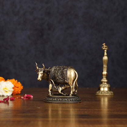 Intricate Brass antique Small Kamdhenu Cow with Calf Idol - 3-inch