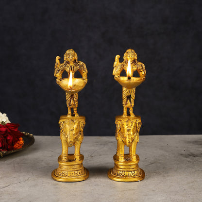 Pair of Traditional South Indian Pure Brass Deep Lady Paavai on Elephant Oil Lamps