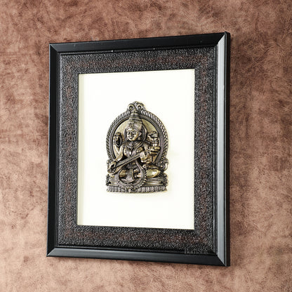 Pure Brass Superfine Goddess Saraswati Hanging on Wooden Frame - 9.5 Inch