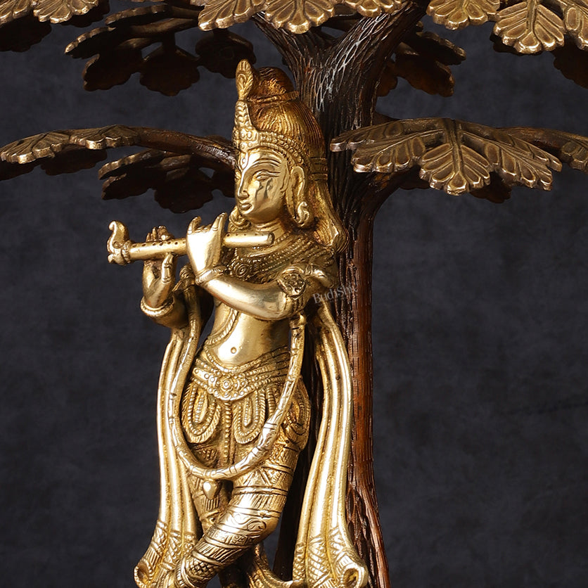 Pure Brass Lord Krishna Under Kadamba Tree Statue 16"