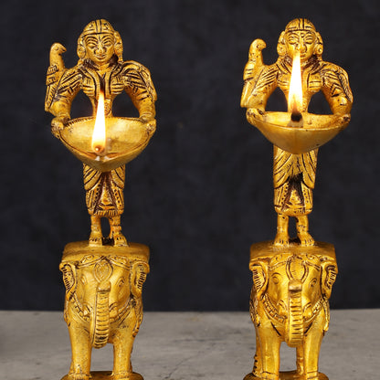 Pair of Traditional South Indian Pure Brass Deep Lady Paavai on Elephant Oil Lamps