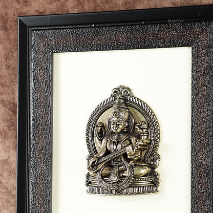 Pure Brass Superfine Goddess Saraswati Hanging on Wooden Frame - 9.5 Inch