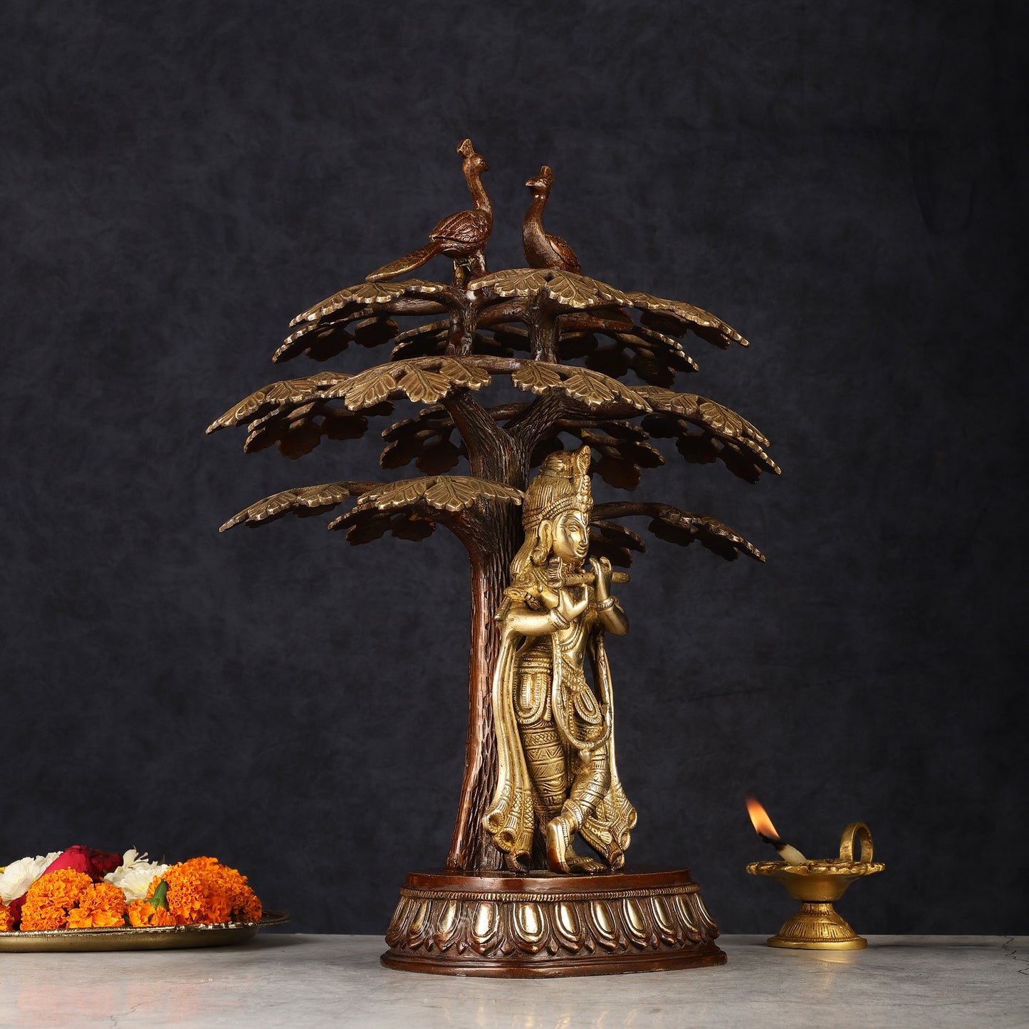 Pure Brass Lord Krishna Under Kadamba Tree Statue 16"