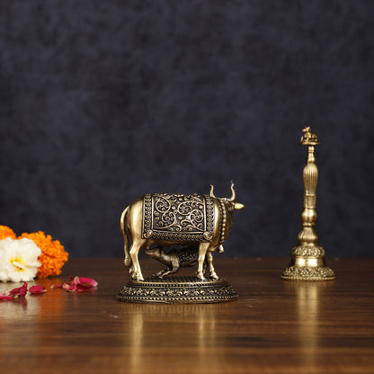 Intricate Brass antique Small Kamdhenu Cow with Calf Idol - 3-inch