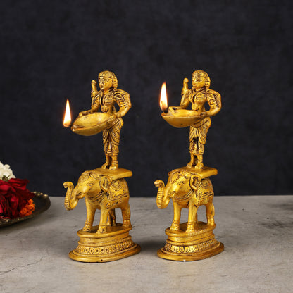 Pair of Traditional South Indian Pure Brass Deep Lady Paavai on Elephant Oil Lamps