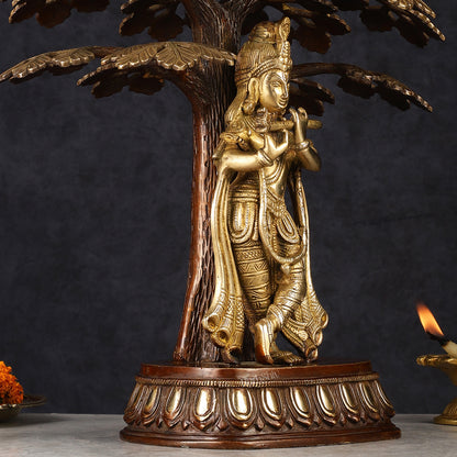 Pure Brass Lord Krishna Under Kadamba Tree Statue 16"