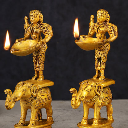 Pair of Traditional South Indian Pure Brass Deep Lady Paavai on Elephant Oil Lamps