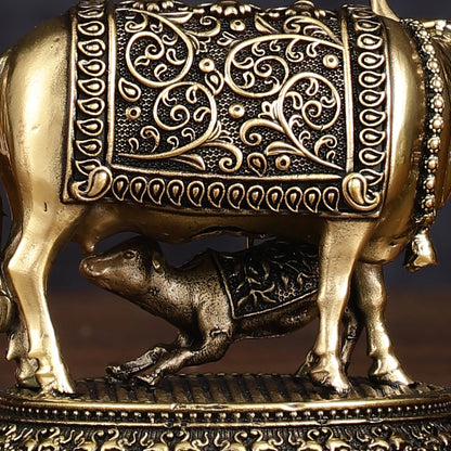 Intricate Brass antique Small Kamdhenu Cow with Calf Idol - 3-inch