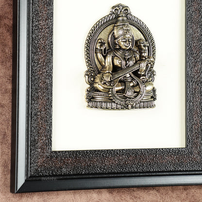 Pure Brass Superfine Goddess Saraswati Hanging on Wooden Frame - 9.5 Inch