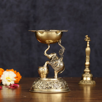 Pure Brass Superfine Intricate Jumping Elephant Oil Lamp - Lightweight, 5" Tall