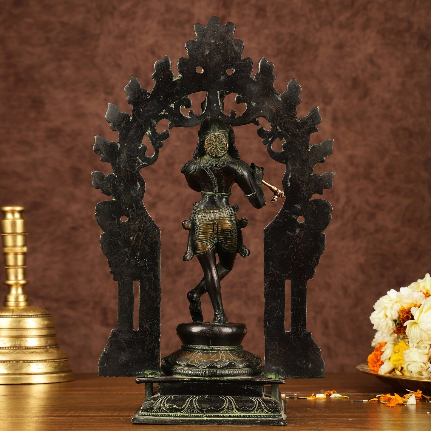 Pure Brass Lord Krishna with Celestial Aura Prabhavali Idol 12.5"