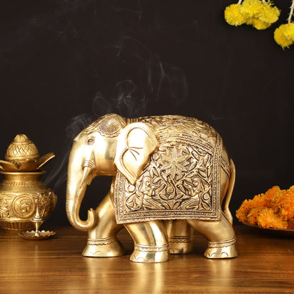 Brass Superfine Elephant Statue - 12" Engraved Perfection