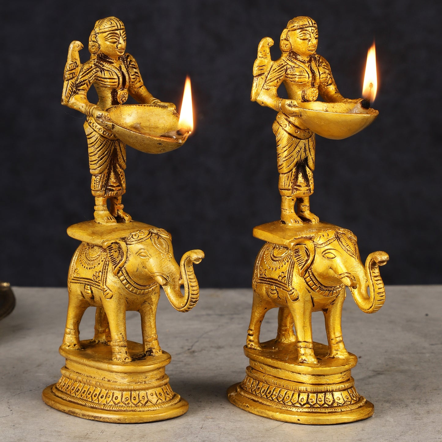 Pair of Traditional South Indian Pure Brass Deep Lady Paavai on Elephant Oil Lamps