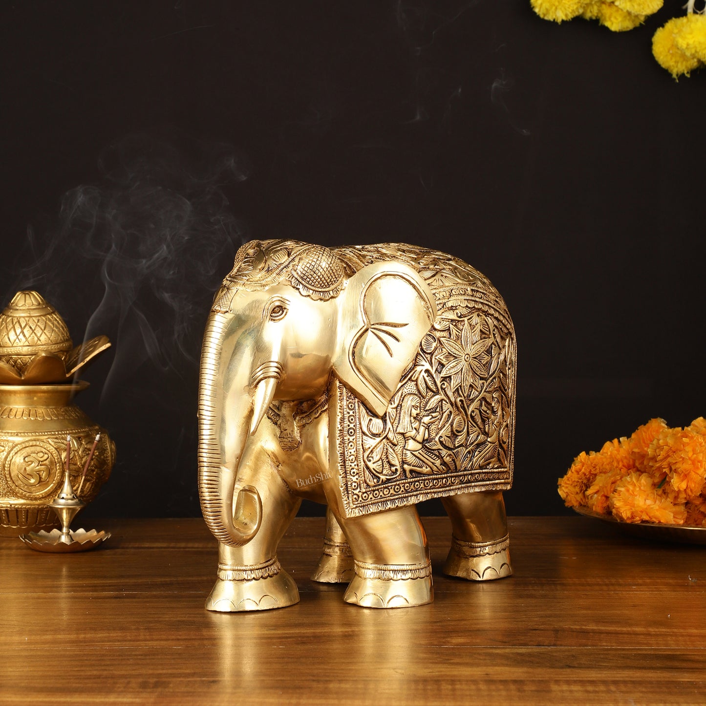 Brass Superfine Elephant Statue - 12" Engraved Perfection