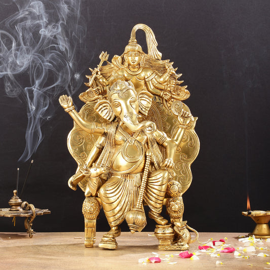 Regal Brass Superfine Lord Ganesha Statue on Singhasan Throne with Shiva - 16"