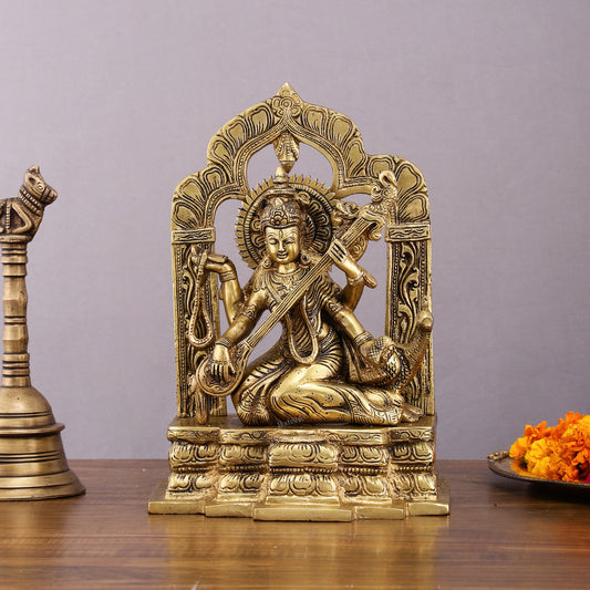 Pure Brass Goddess Saraswati Statue - 11" Divine Craftsmanship