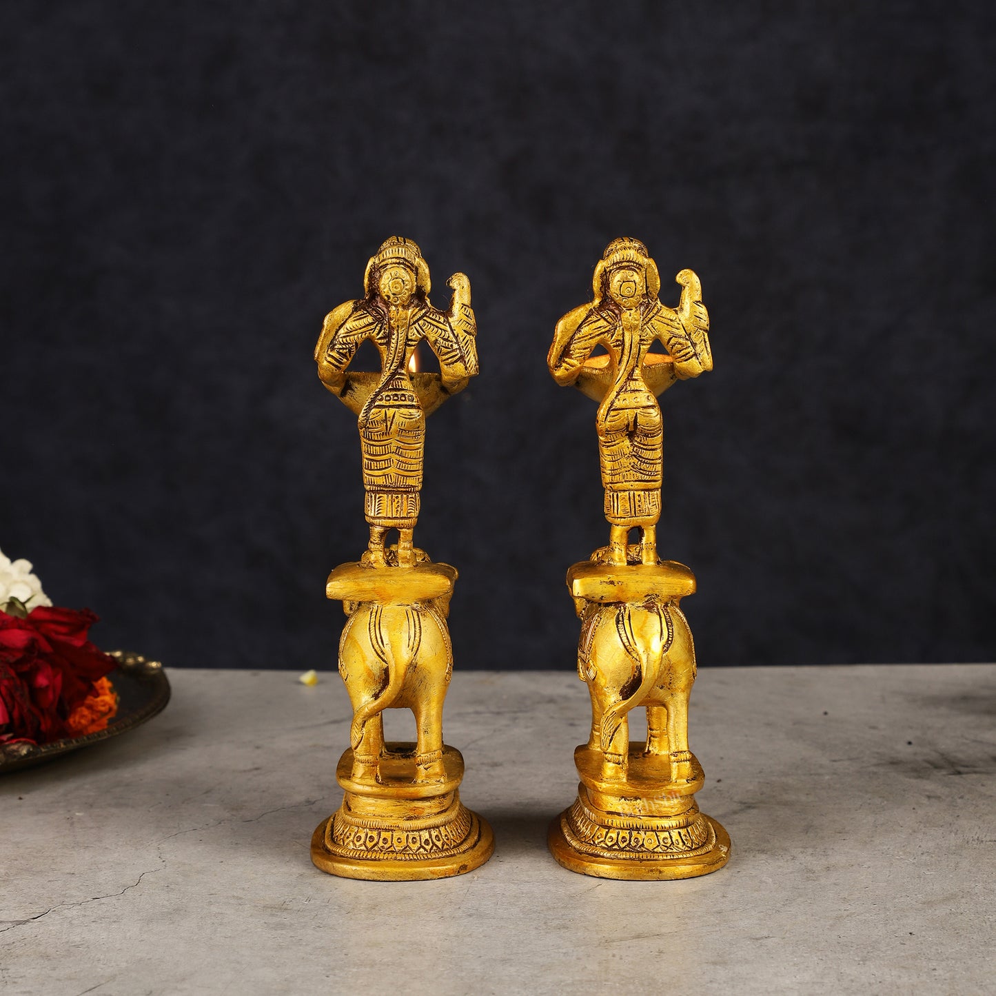 Pair of Traditional South Indian Pure Brass Deep Lady Paavai on Elephant Oil Lamps