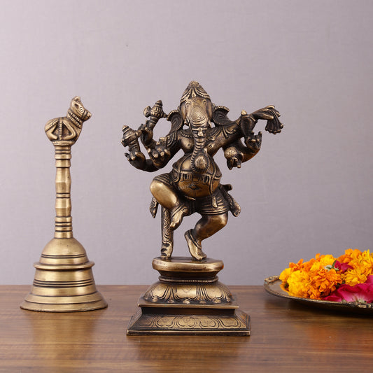 Pure Brass Vintage Dancing Ganapati Statue – 9 inch