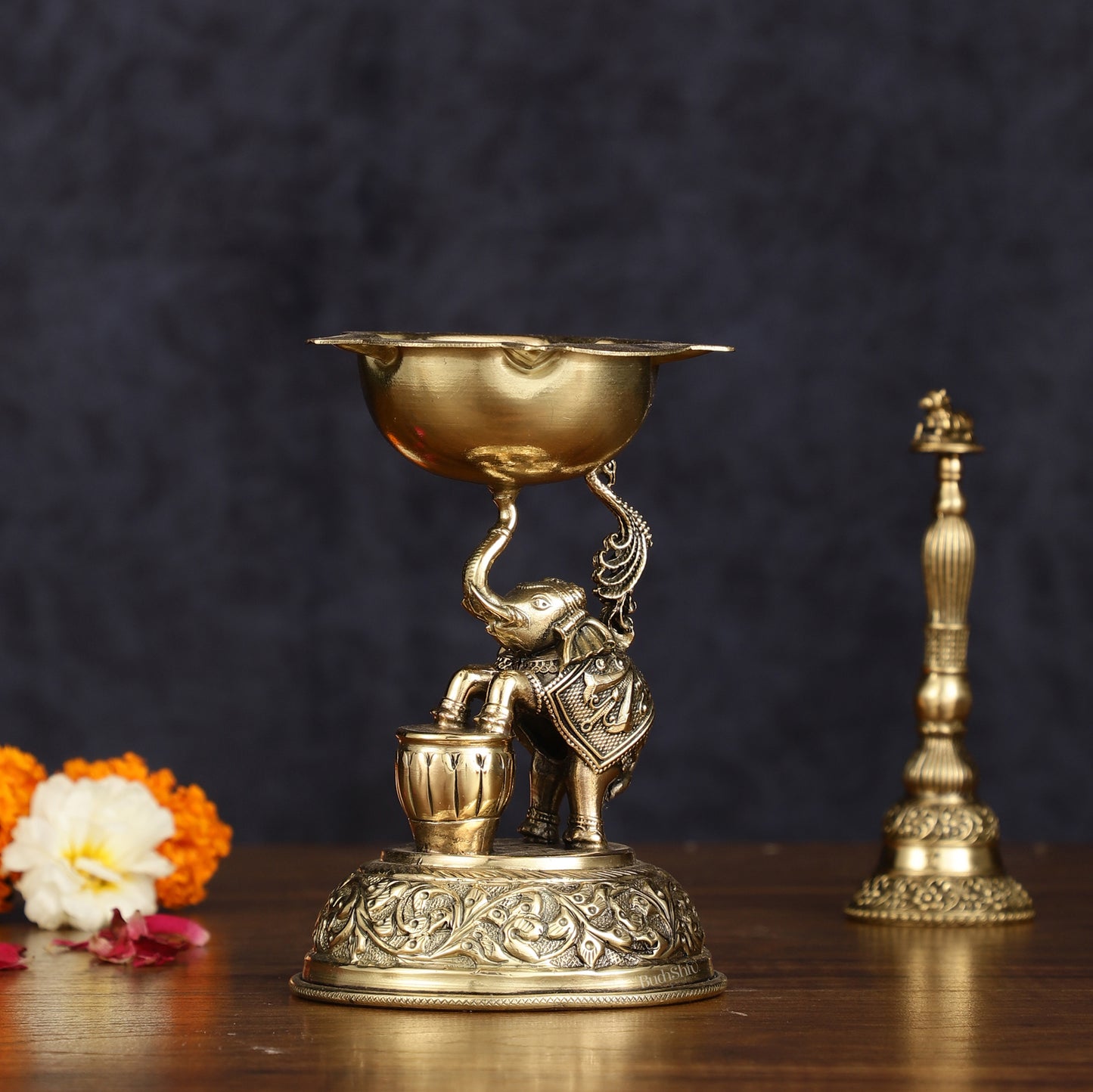 Pure Brass Superfine Intricate Jumping Elephant Oil Lamp - Lightweight, 5" Tall