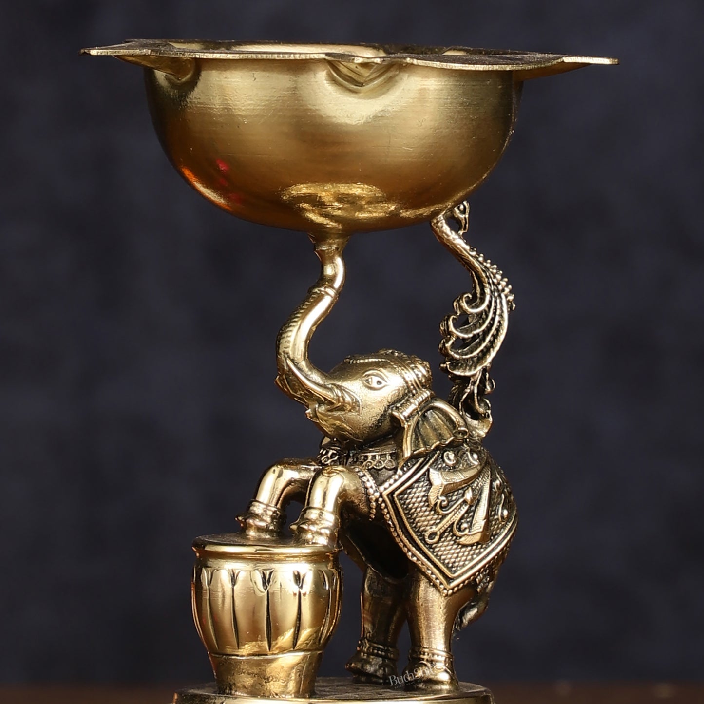 Pure Brass Superfine Intricate Jumping Elephant Oil Lamp - Lightweight, 5" Tall