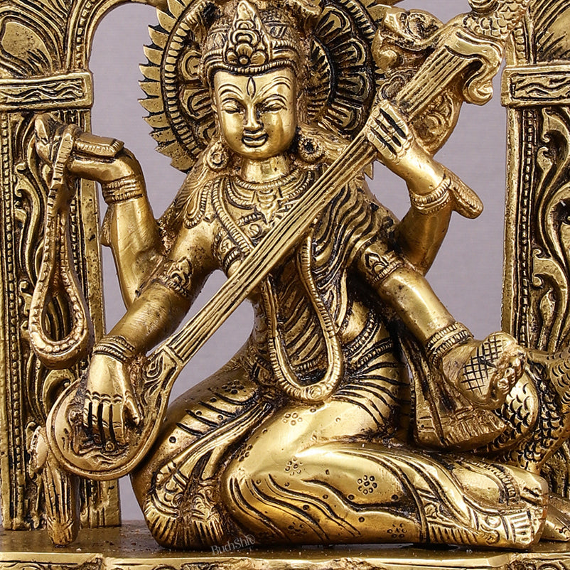 Pure Brass Goddess Saraswati Statue - 11" Divine Craftsmanship