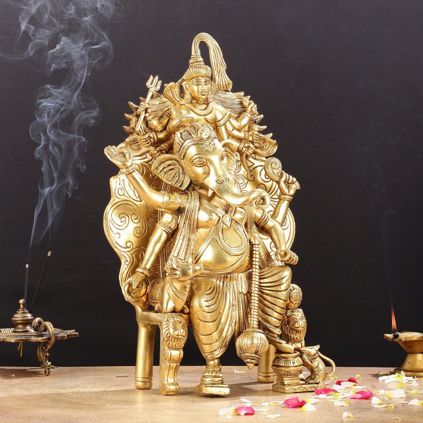 Regal Brass Superfine Lord Ganesha Statue on Singhasan Throne with Shiva - 16"