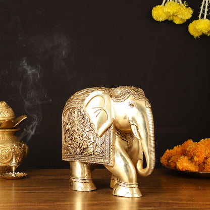 Brass Superfine Elephant Statue - 12" Engraved Perfection