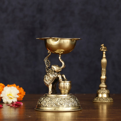 Pure Brass Superfine Intricate Jumping Elephant Oil Lamp - Lightweight, 5" Tall