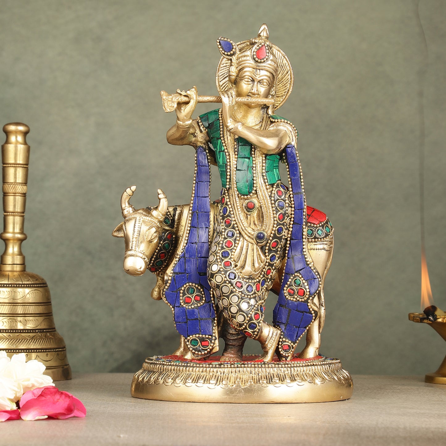 Pure Brass Lord Krishna with Cow Idol | 9.5"