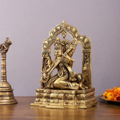 Pure Brass Goddess Saraswati Statue - 11" Divine Craftsmanship