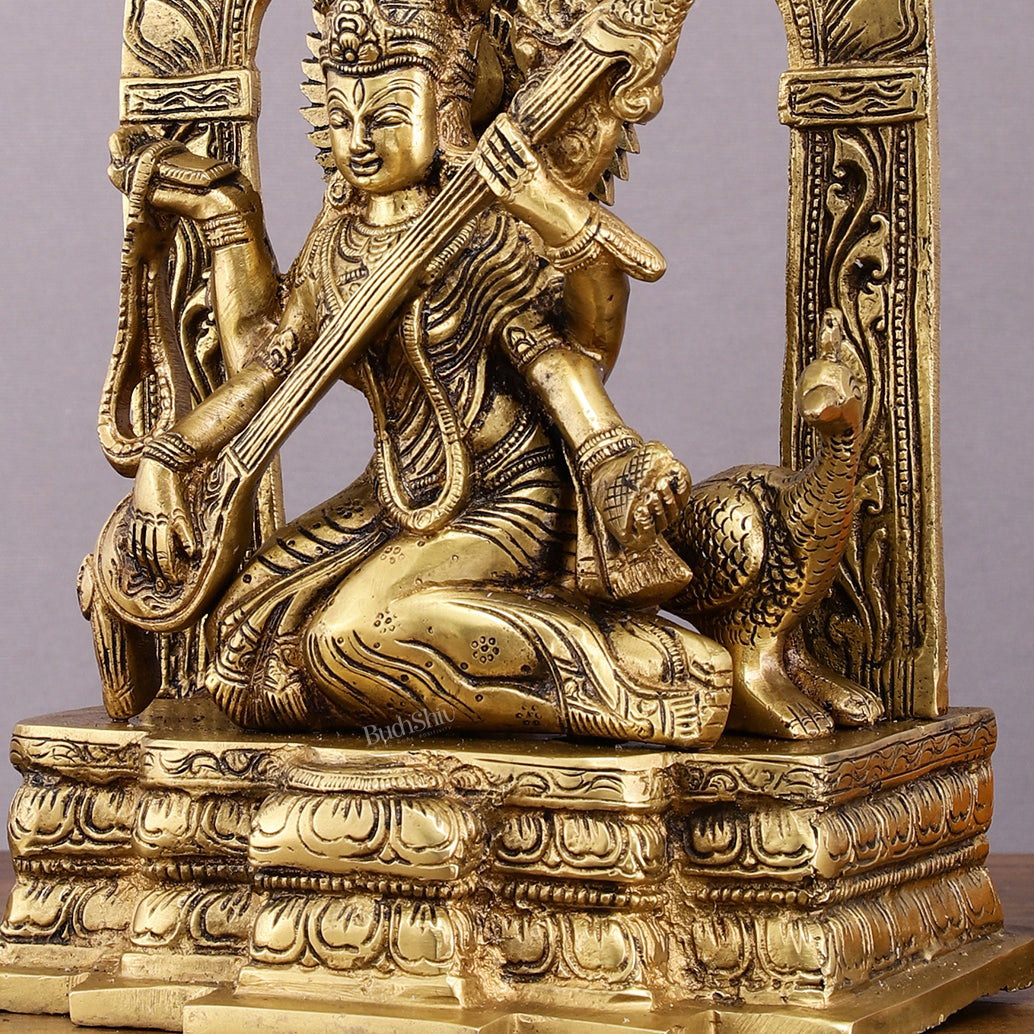 Pure Brass Goddess Saraswati Statue - 11" Divine Craftsmanship