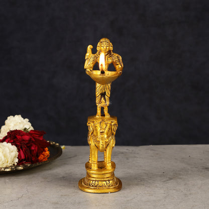 Traditional South Indian Pure Brass Deep Lady Paavai on Elephant Oil Lamp 6.5"