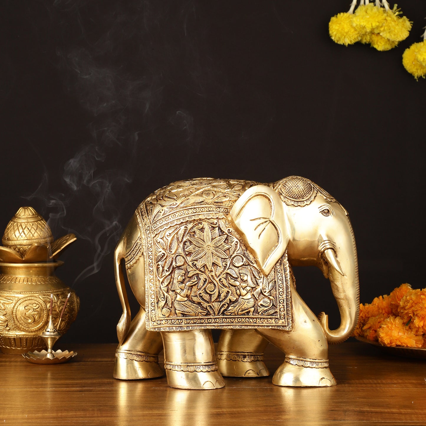 Brass Superfine Elephant Statue - 12" Engraved Perfection