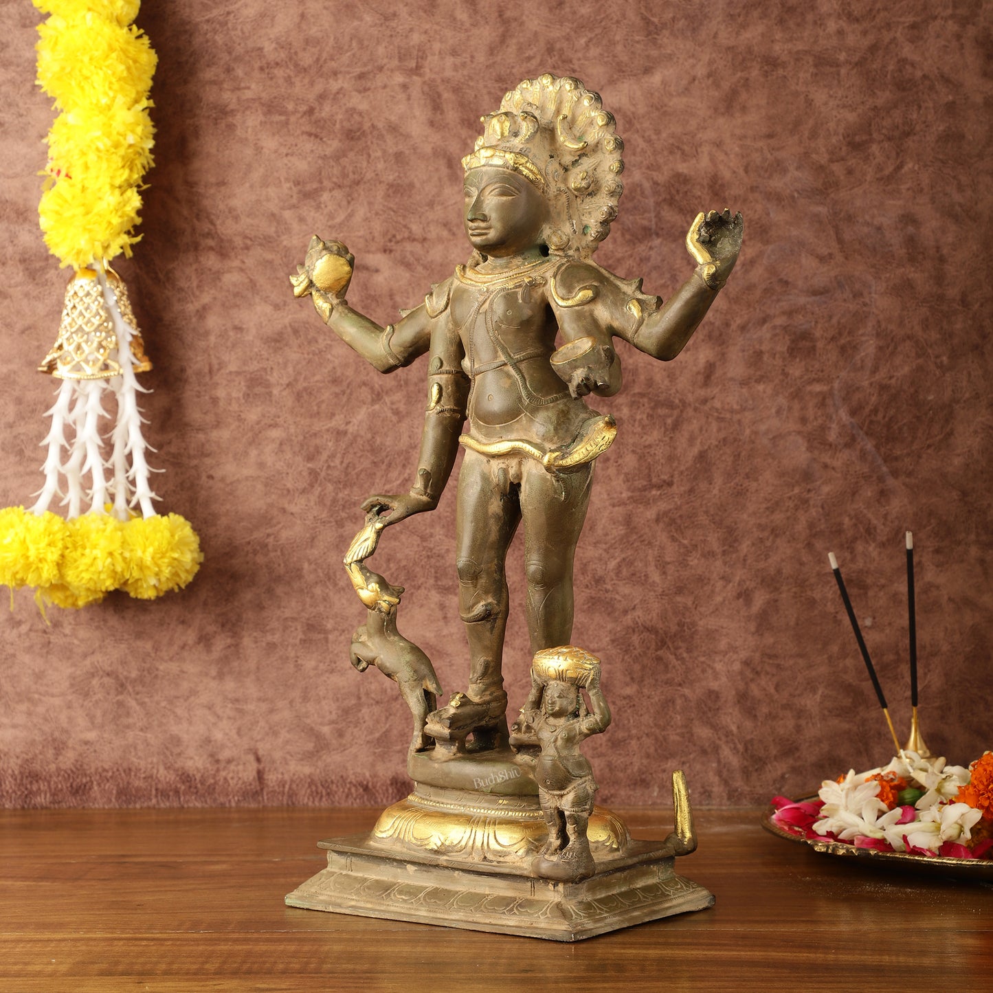 Pure Brass Bhikshatana Kaal Bhairava Shiva Idol - 15"