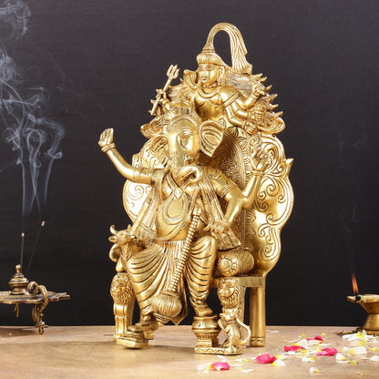 Regal Brass Superfine Lord Ganesha Statue on Singhasan Throne with Shiva - 16"