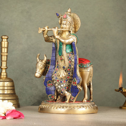 Pure Brass Lord Krishna with Cow Idol | 9.5"