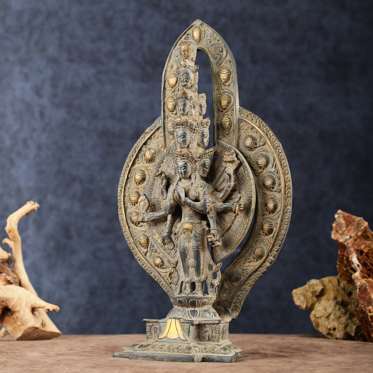 Brass Avlokeswar Sculpture – 14" Height, Vintage Sand Blast Patina, Heat Treated